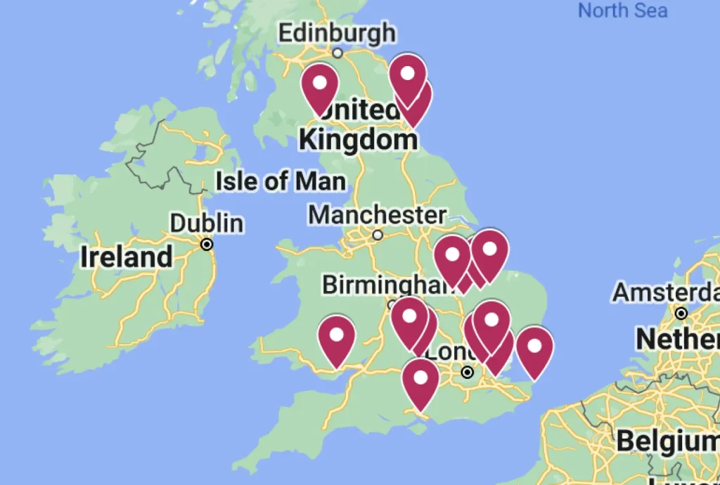 A map of England with location tags surrounding different locations.
